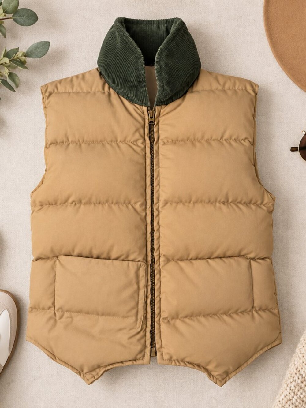 Vintage Eddie Bauer Reversible Down Puffer Vest M Tan Green Corduroy 80s